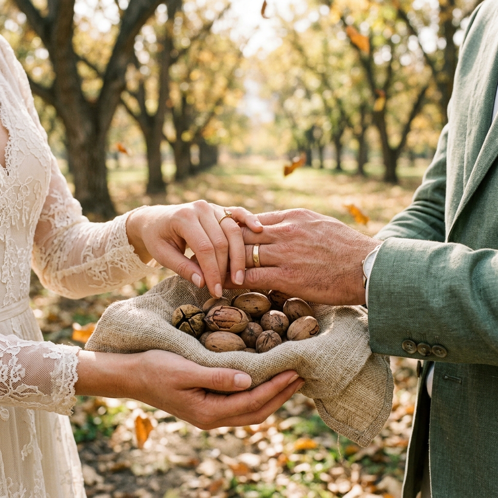 Manos con nueces de la cosecha